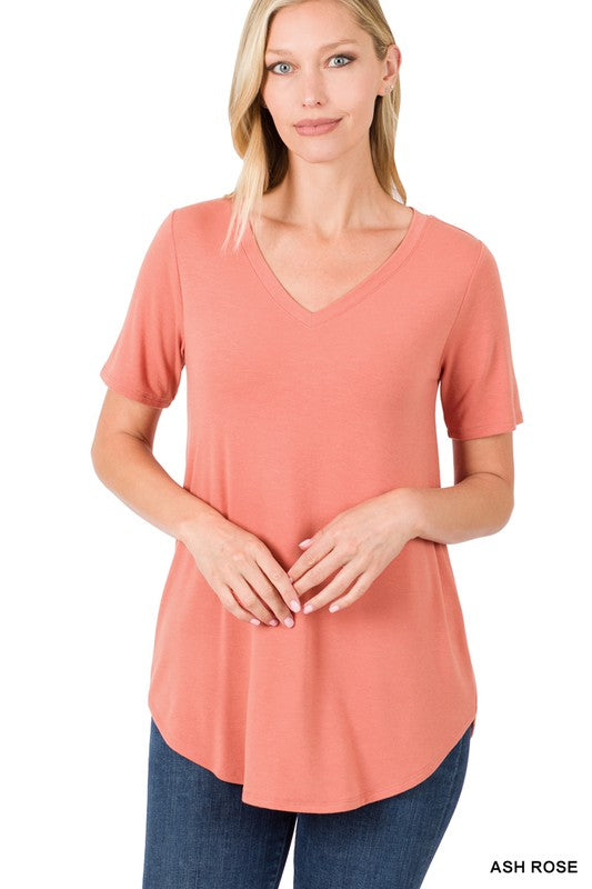 SHORT SLEEVE V-NECK ROUND HEM TOP