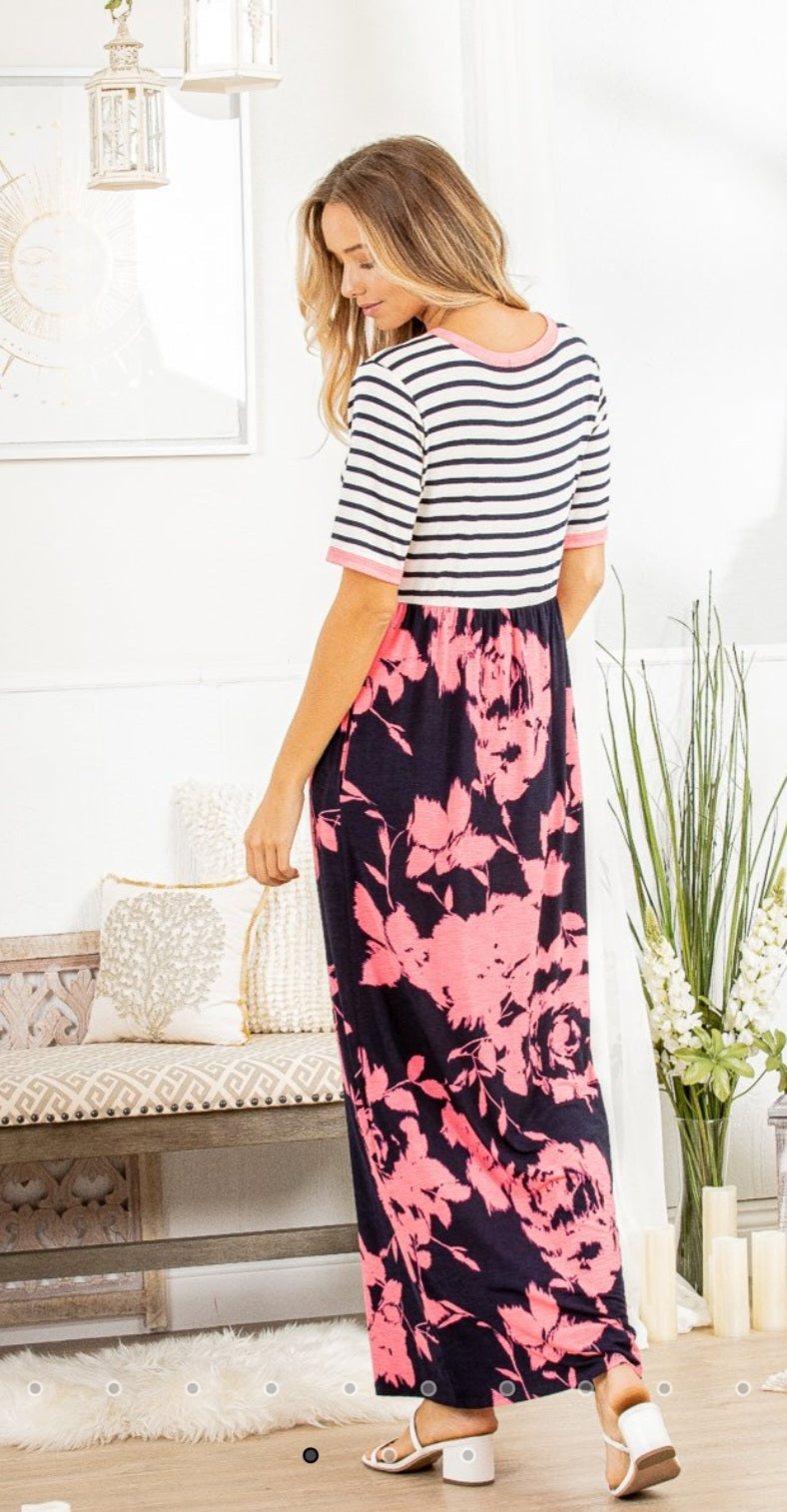 Stripe Floral Round Neck Maxi Dress