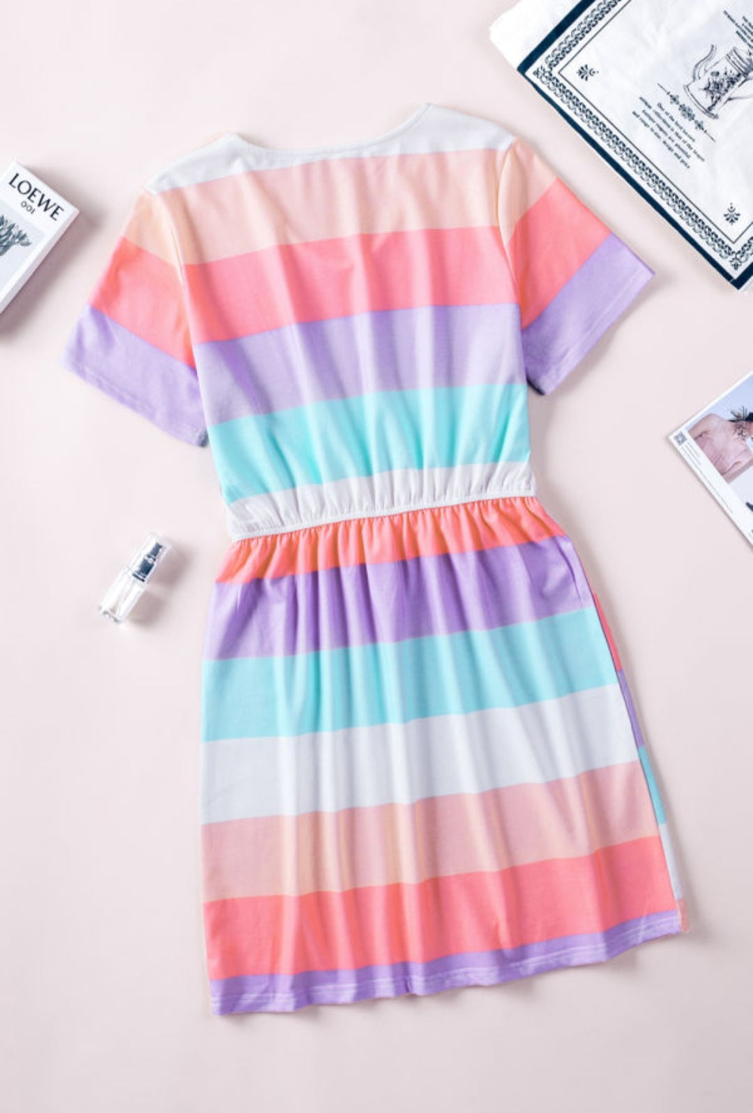 Multicolor V Neck Striped Draw String Dress