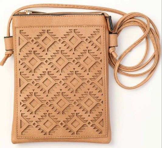 Beige Aztec Laser Cut Cross Body Bag with Flip Cover