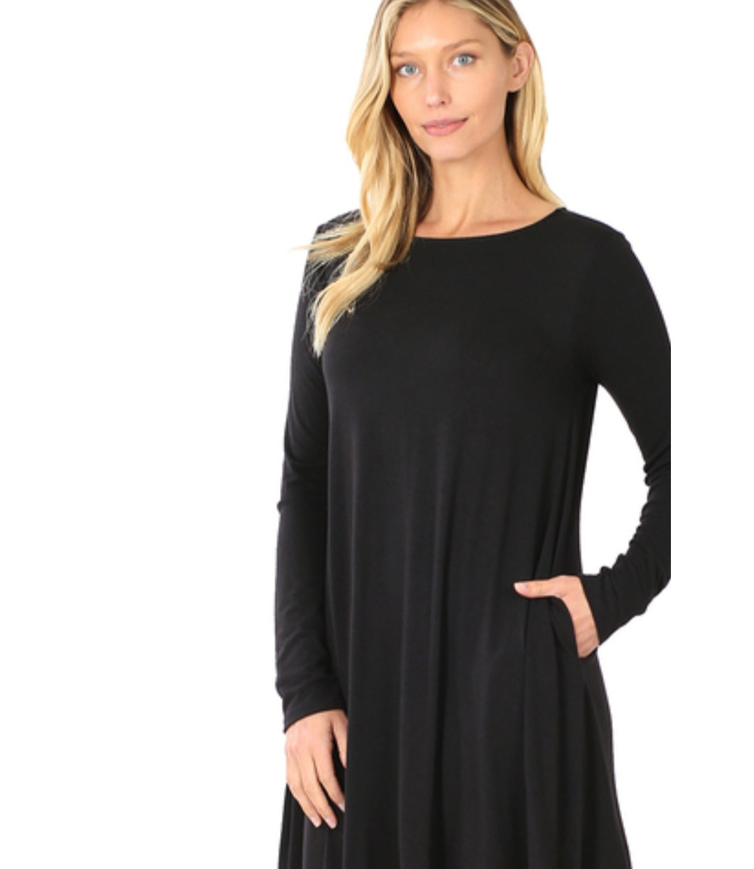 Long Sleeve Black Dress with Side Pockets