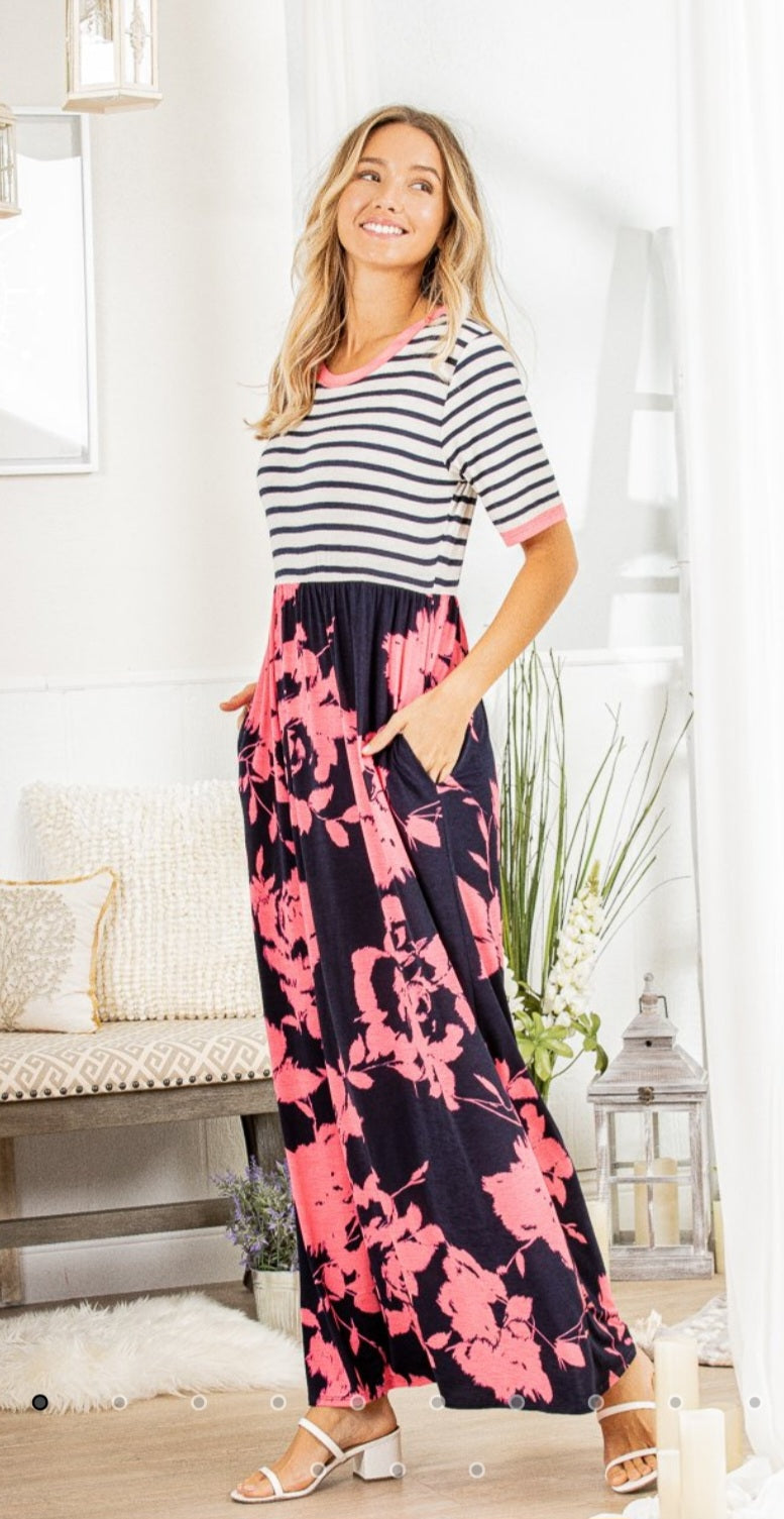 Stripe Floral Round Neck Maxi Dress