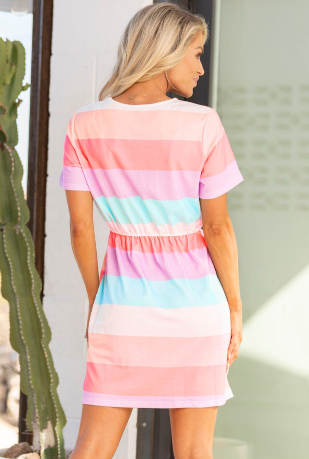 Multicolor V Neck Striped Draw String Dress