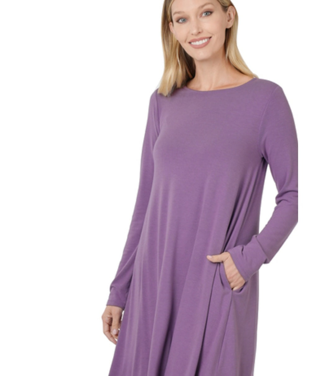 Eggplant Long Sleeve Dress with Pockets