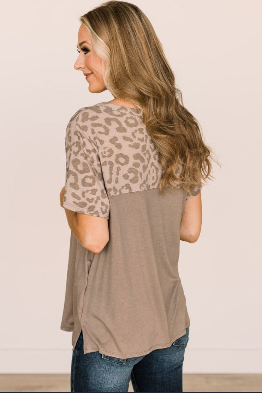 Khaki Leopard Yoke Color Block T-Shirt