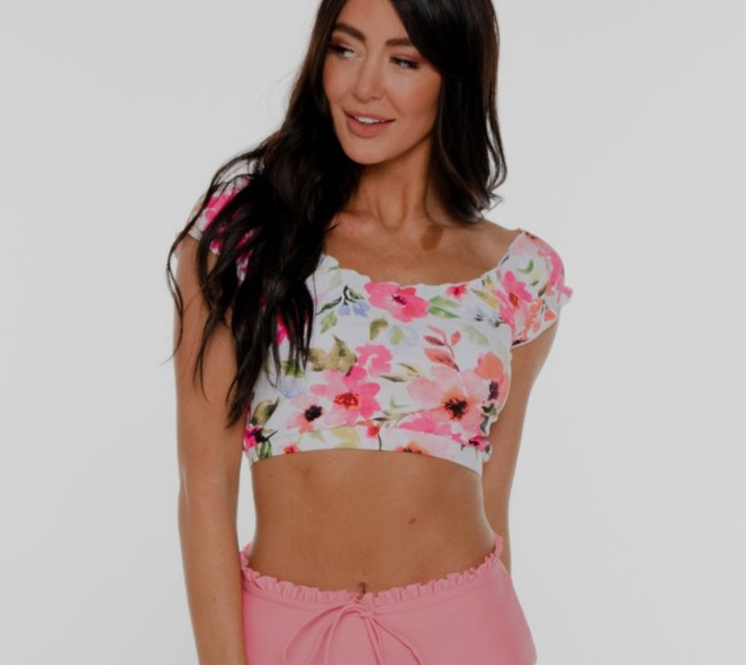 Pink Floral Ruffled Swim Top