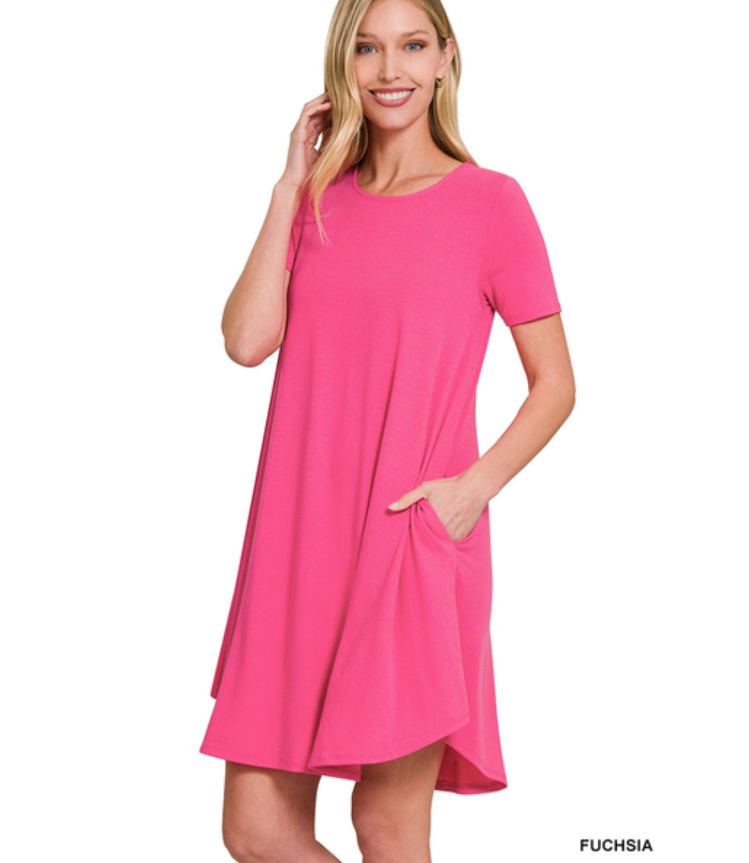 Short Sleeve Fuschia Dress with Side Pockets