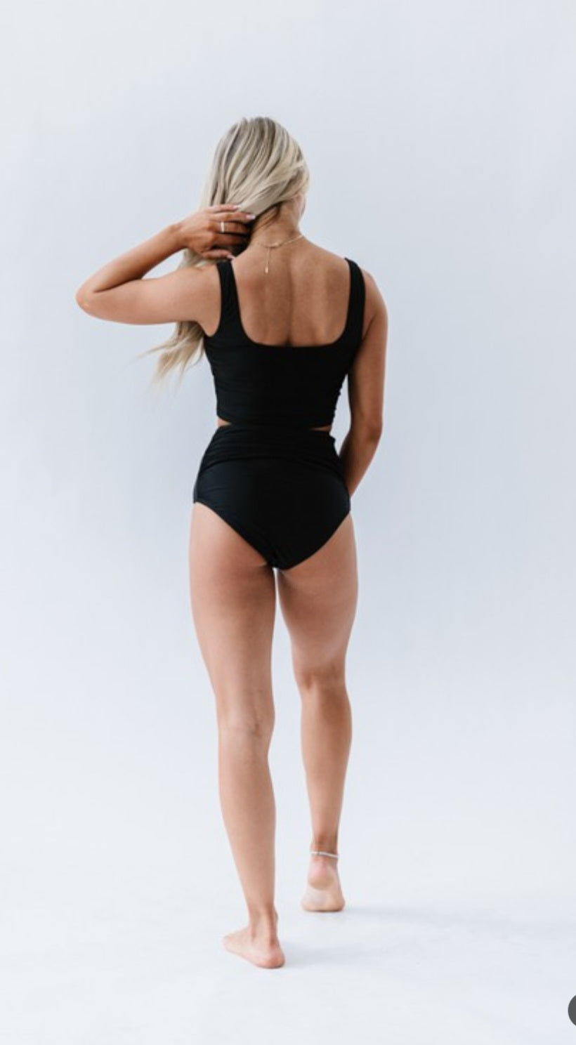 Black Square Neck Swim Top