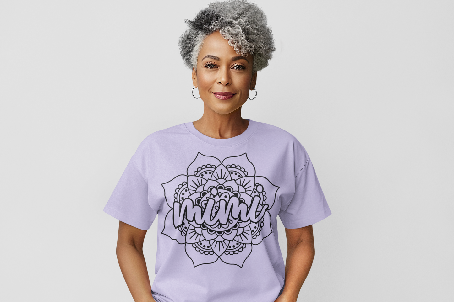 Mimi Mandala Flower Graphic Tee with Black Lettering