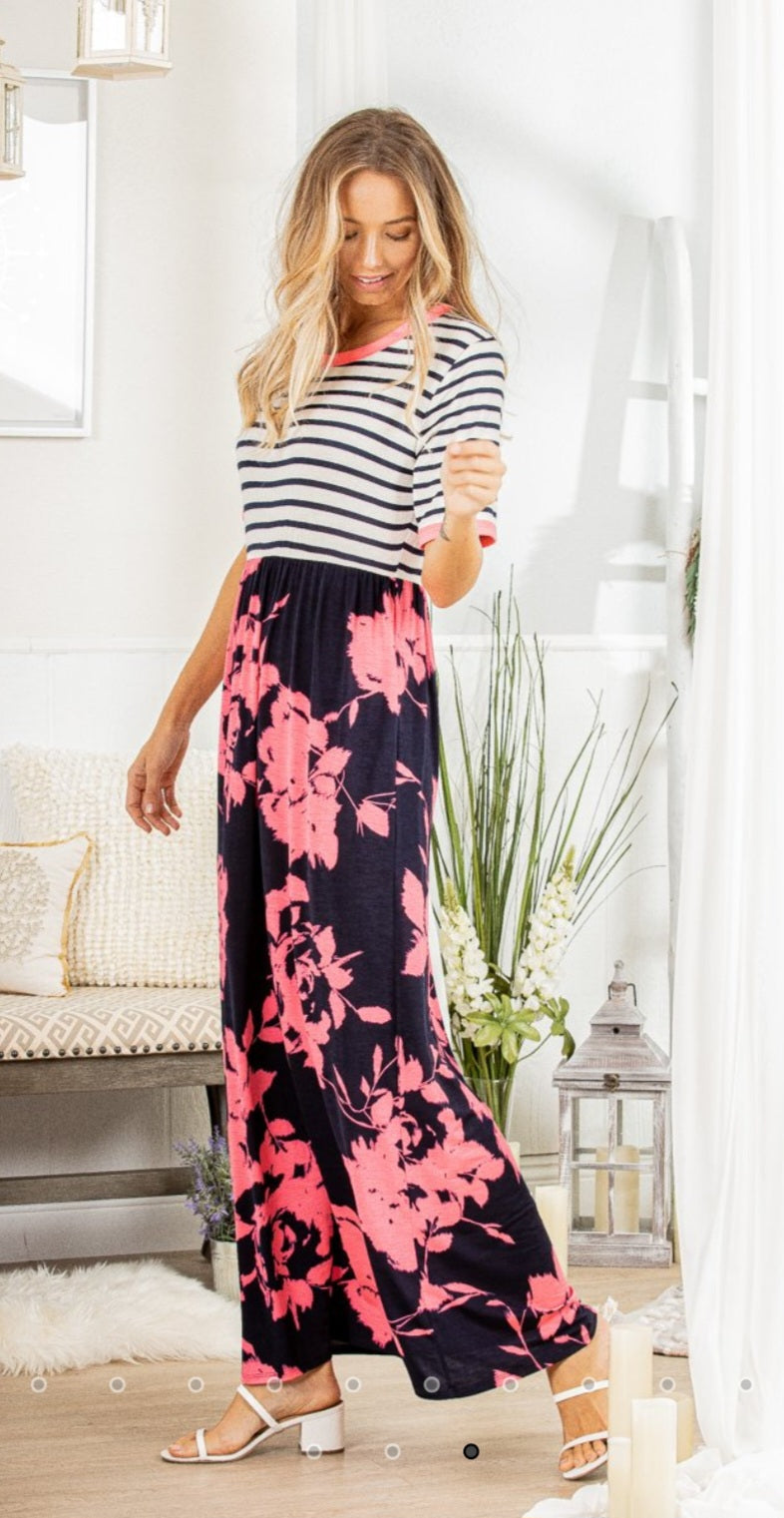 Stripe Floral Round Neck Maxi Dress