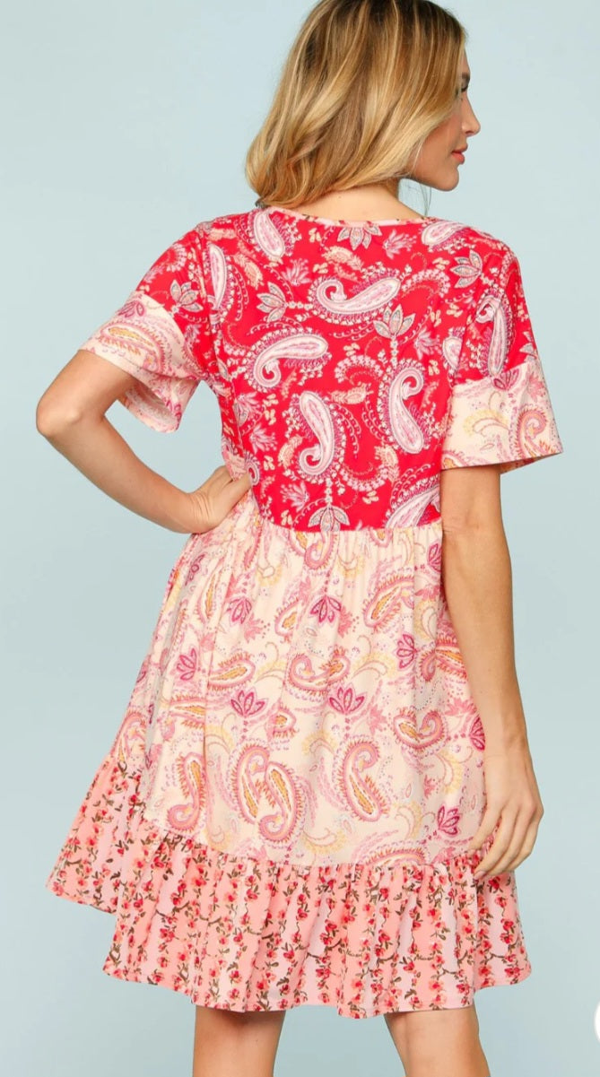 Plush Floral Paisley Ruffle Hem Pocket Dress