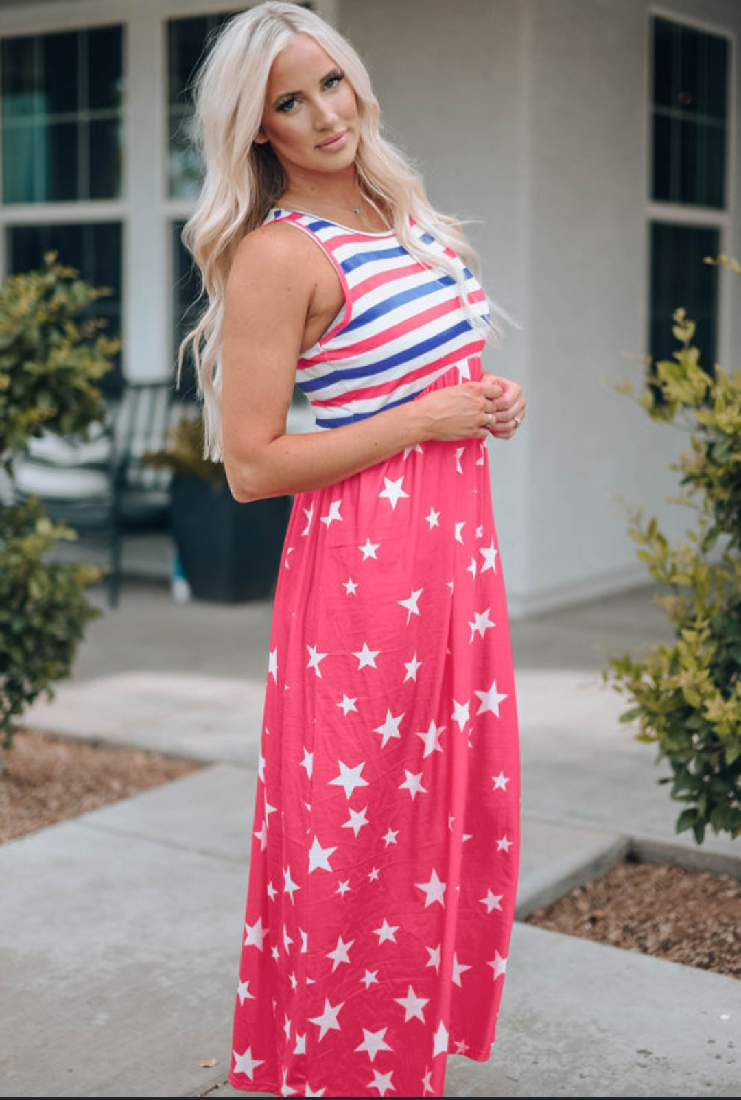 Red Stars & Stripes Maxi Dress with Pockets