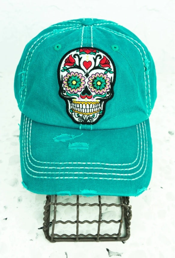 Distressed Turquiose Blossoming Sugar Skull Cap