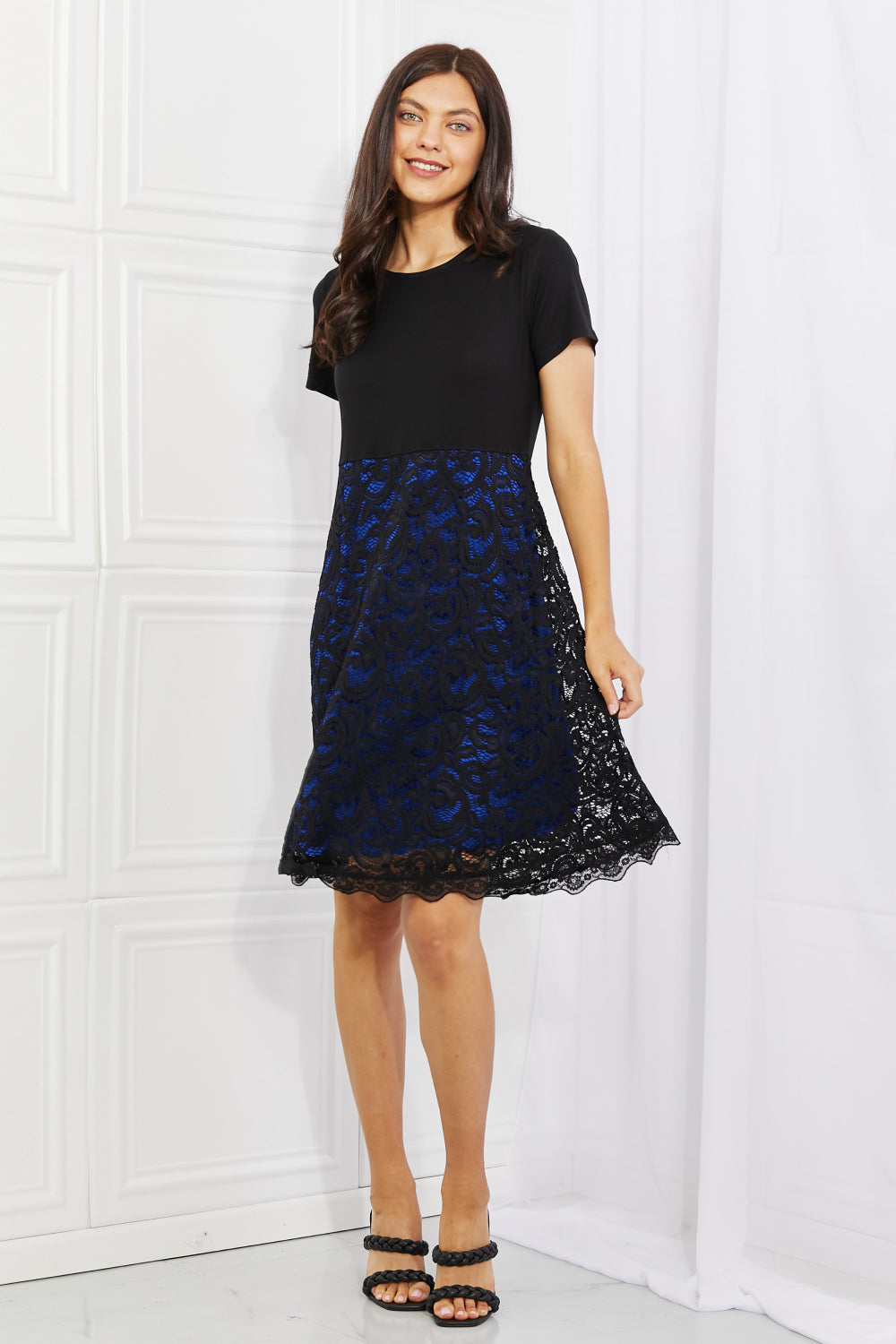 Yelete Full Size Contrasting Lace Midi Dress