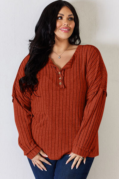 Basic Bae Full Size Ribbed Half Button Long Sleeve T-Shirt