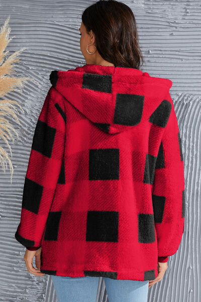 Double Take Full Size Plaid Long Sleeve Hooded Coat