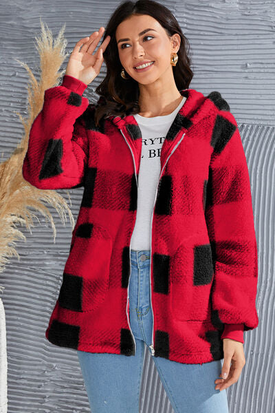 Double Take Full Size Plaid Long Sleeve Hooded Coat