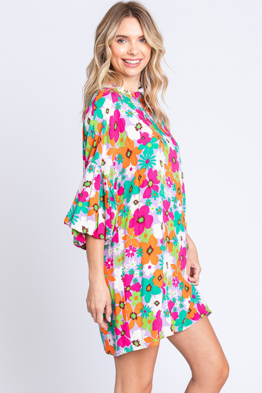 GeeGee Full Size Floral Round Neck Lantern Sleeve Mini Dress