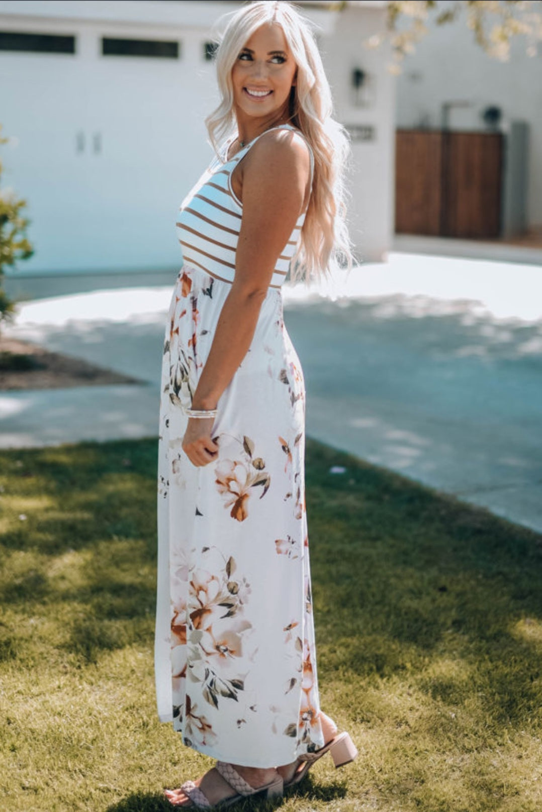 Striped & Floral Maxi Dress Sizes S-XL