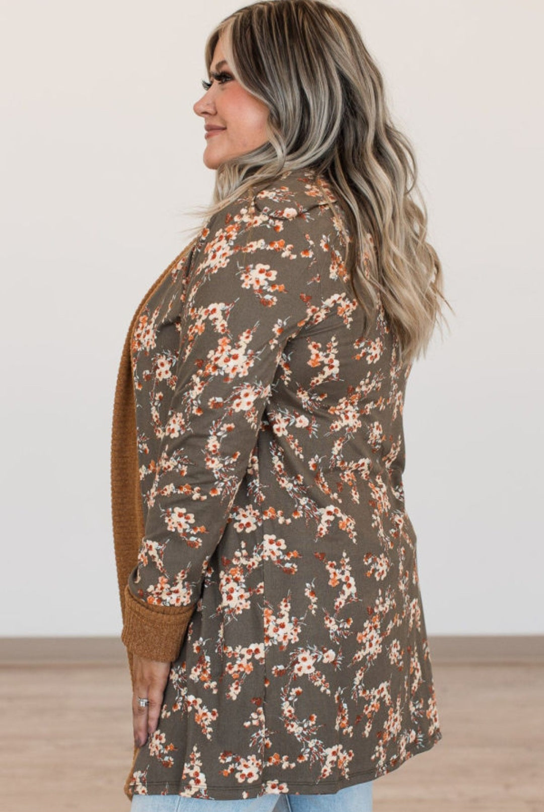 Brown Floral Open Cardigan Sizes 1X-3X