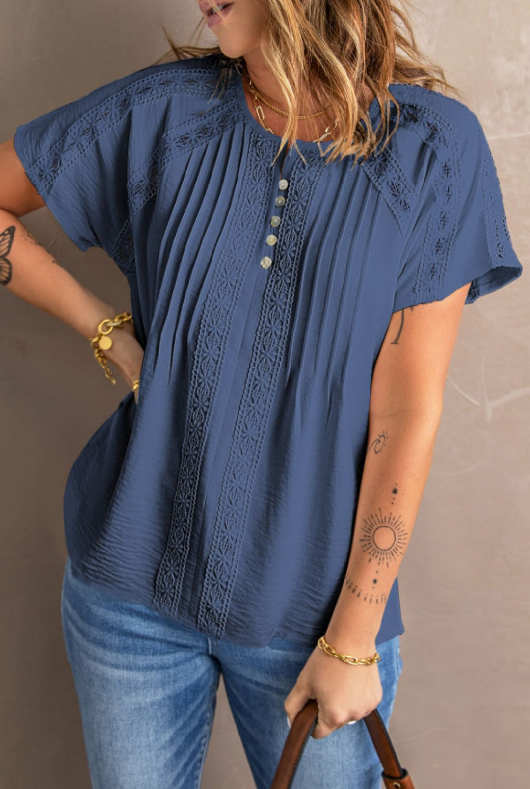 Blue Crochet Eyelet Short Sleeve Top