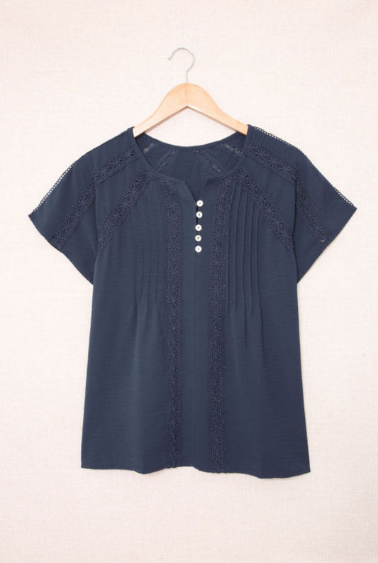 Blue Crochet Eyelet Short Sleeve Top