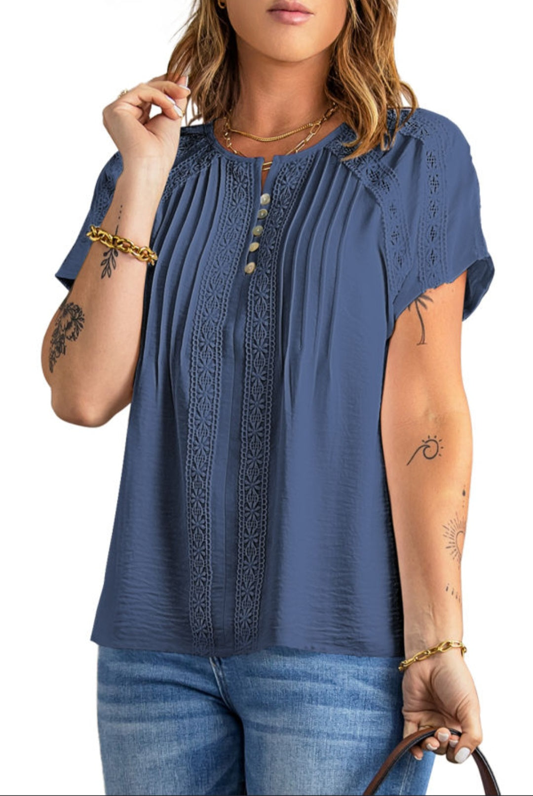 Blue Crochet Eyelet Short Sleeve Top