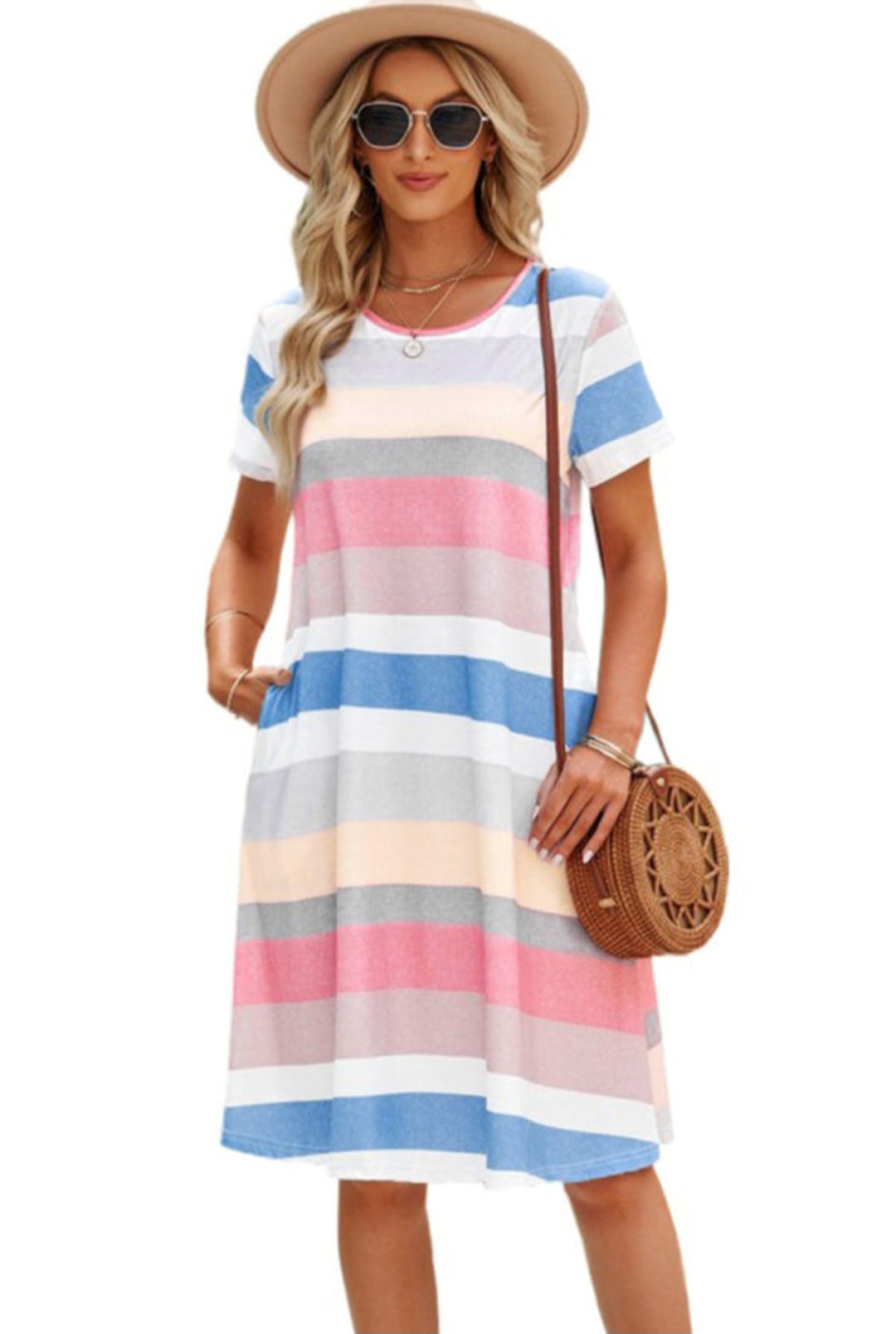 Pastel Striped Short Sleeve Dress