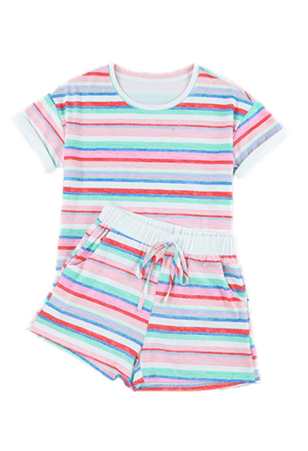 Multicolor Striped Short Set with Rolled Sleeves