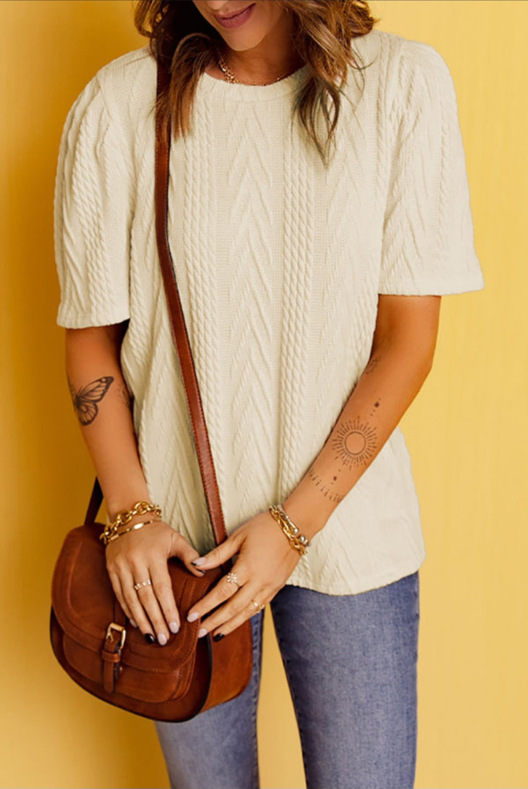 Beige Knitted Round Neck Short Sleeve Knit Top