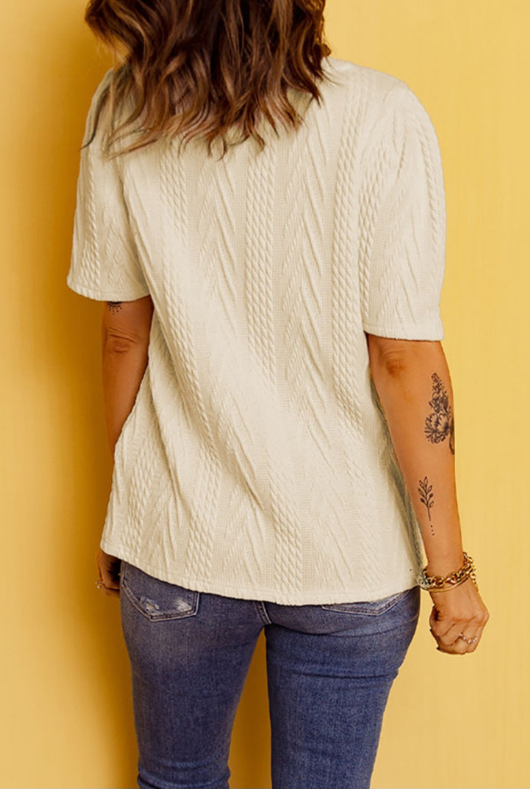 Beige Knitted Round Neck Short Sleeve Knit Top