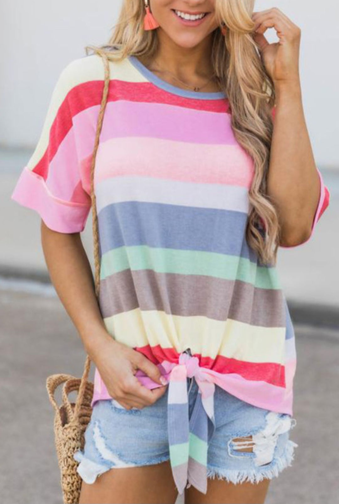 Womens Striped Short Sleeve T-Shirt with Knot