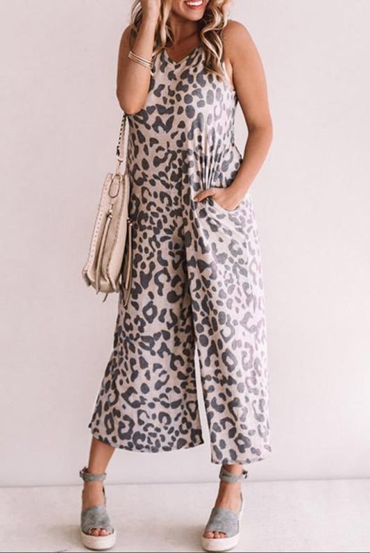 Leopard Print Pockets Wide Leg Jumpsuit