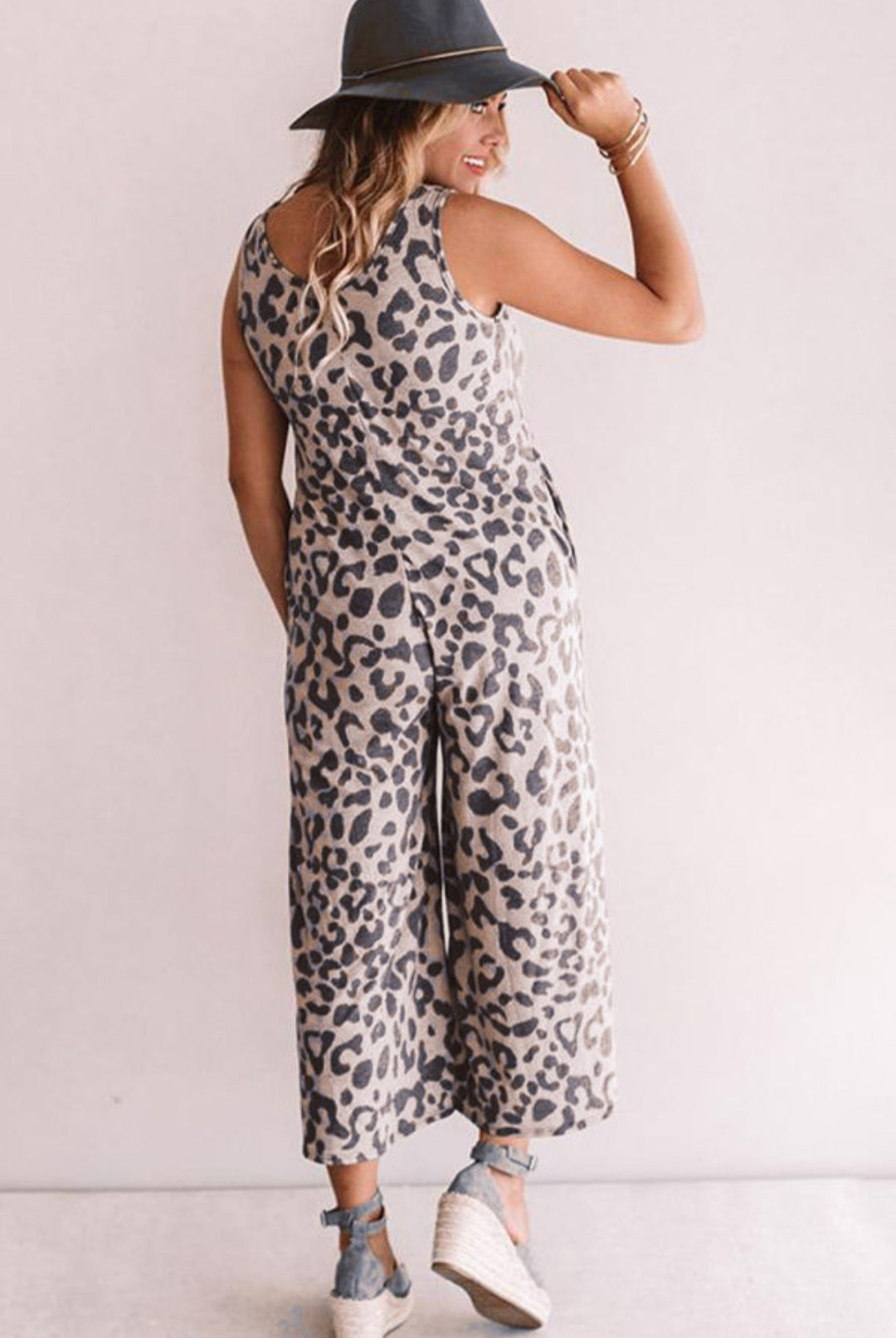 Leopard Print Pockets Wide Leg Jumpsuit