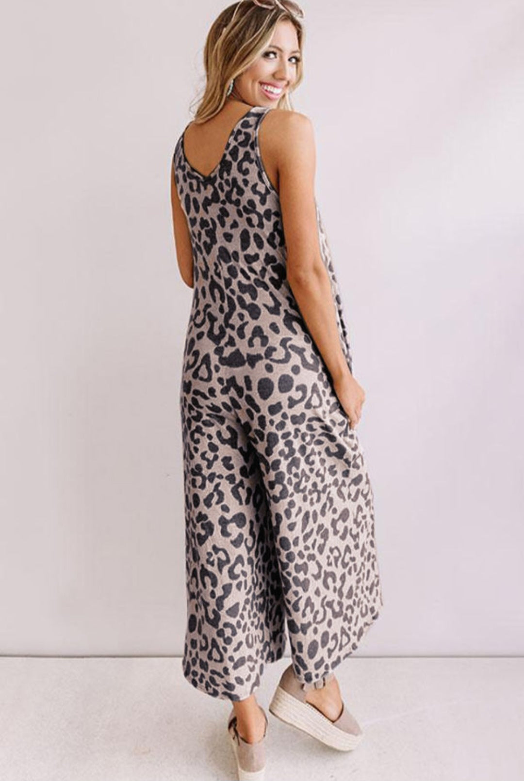 Leopard Print Pockets Wide Leg Jumpsuit