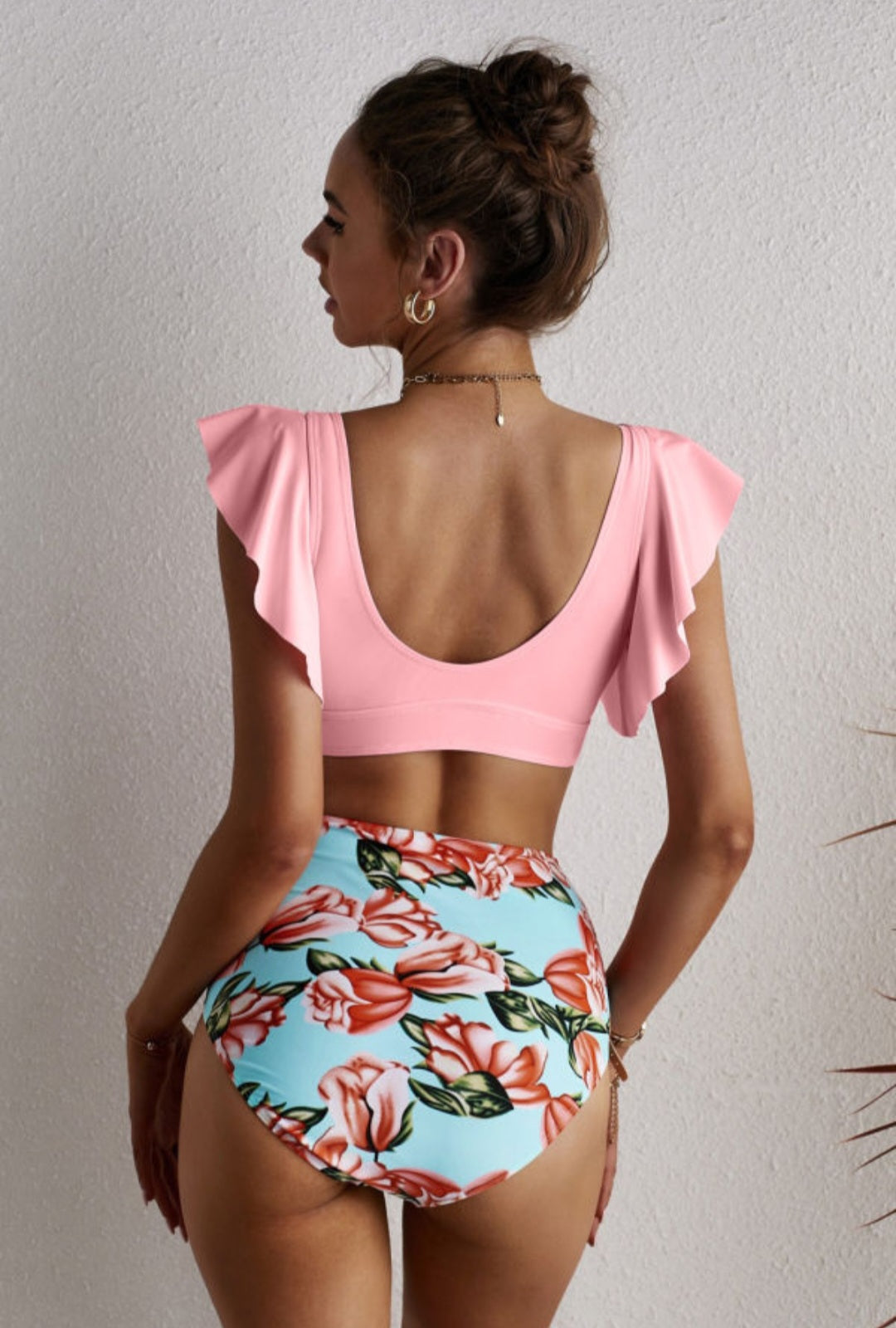 Pink Floral Ruffled Hem High Waist Bikini Set