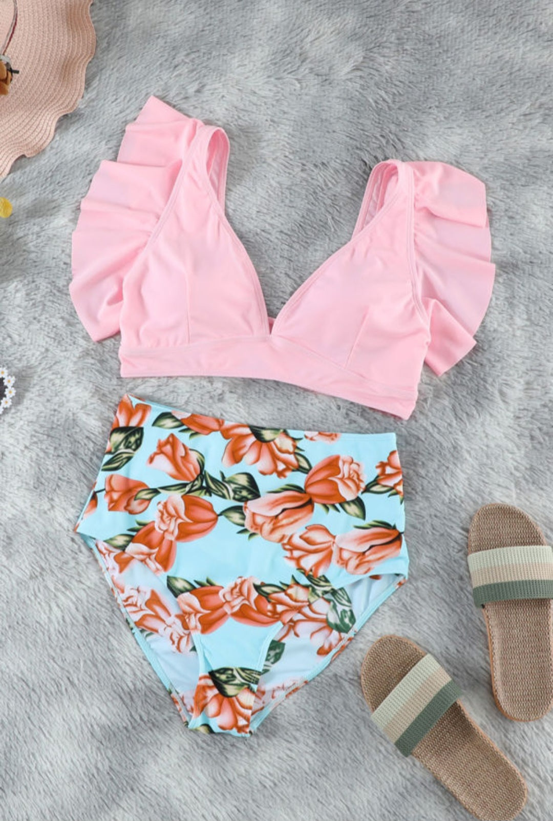 Pink Floral Ruffled Hem High Waist Bikini Set