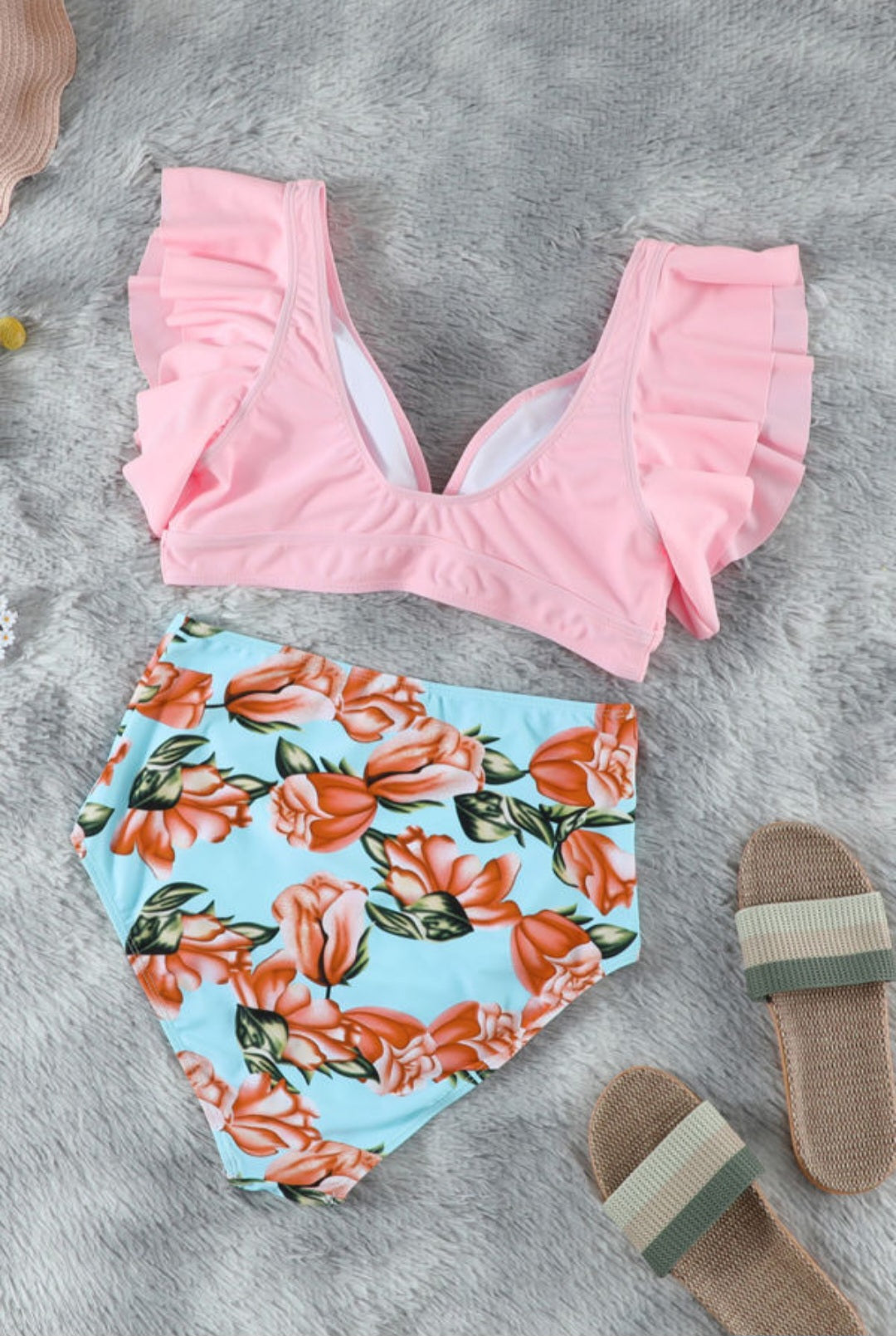 Pink Floral Ruffled Hem High Waist Bikini Set