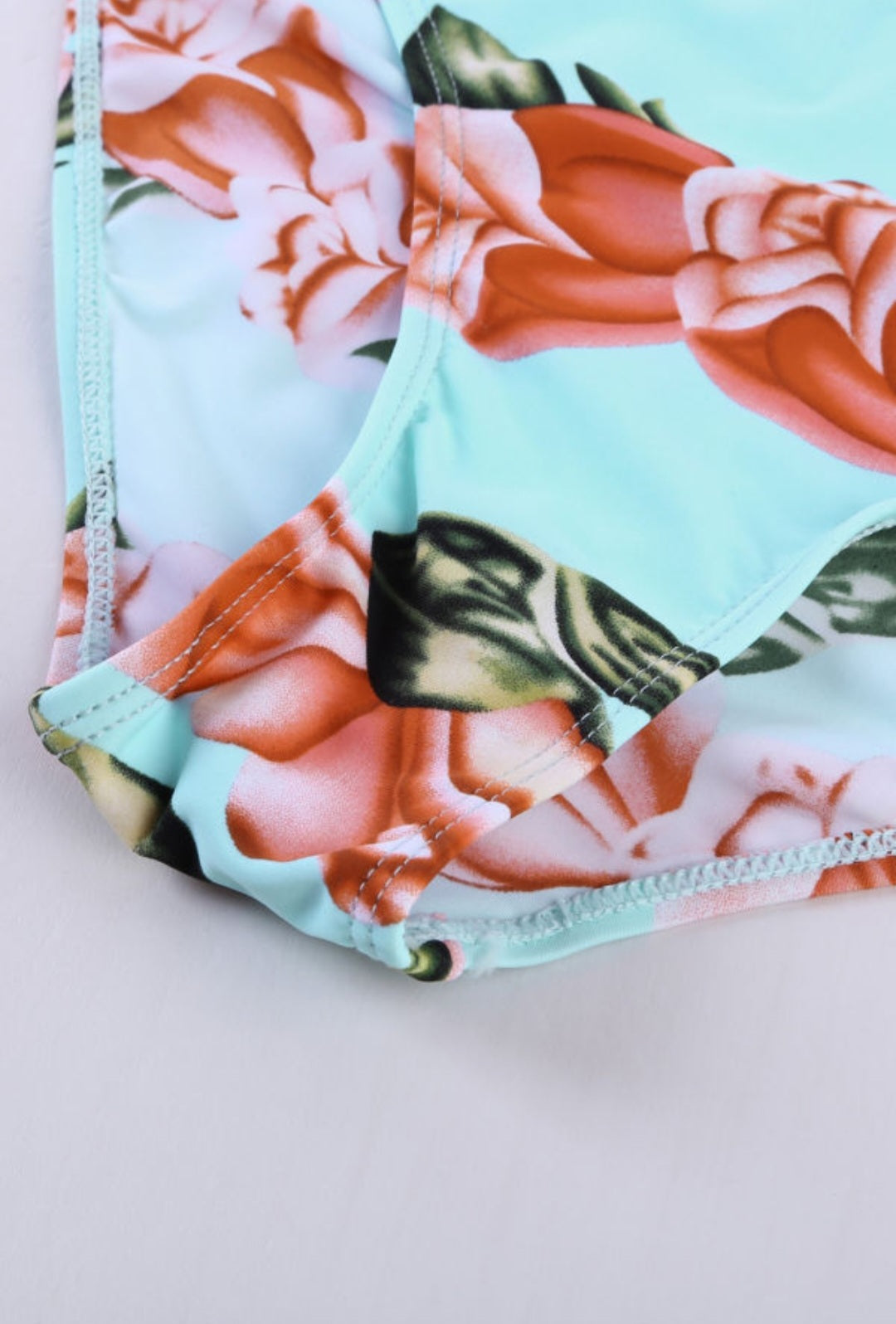 Pink Floral Ruffled Hem High Waist Bikini Set