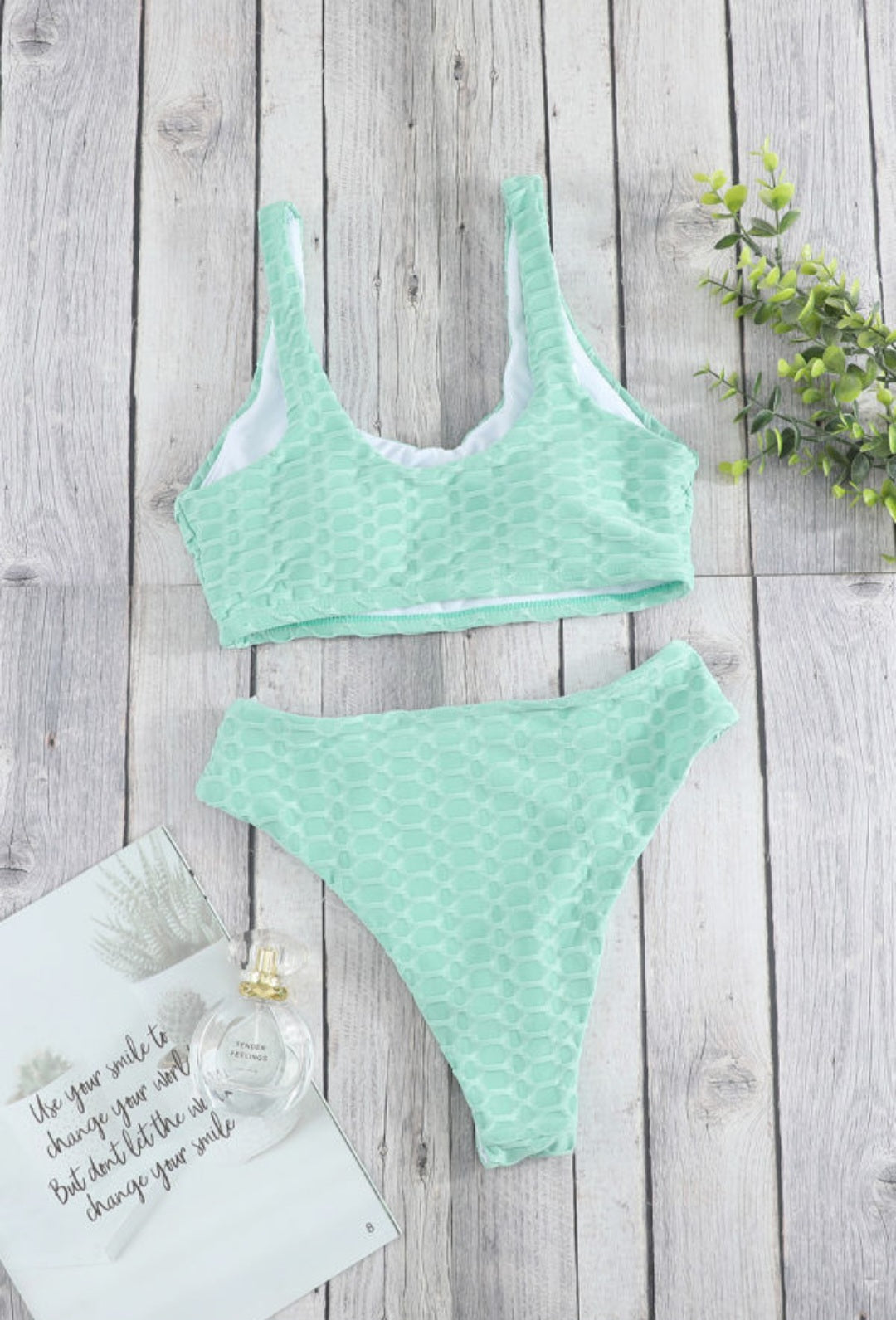 Sky Blue Scalloped Edges Ribbed Bikini