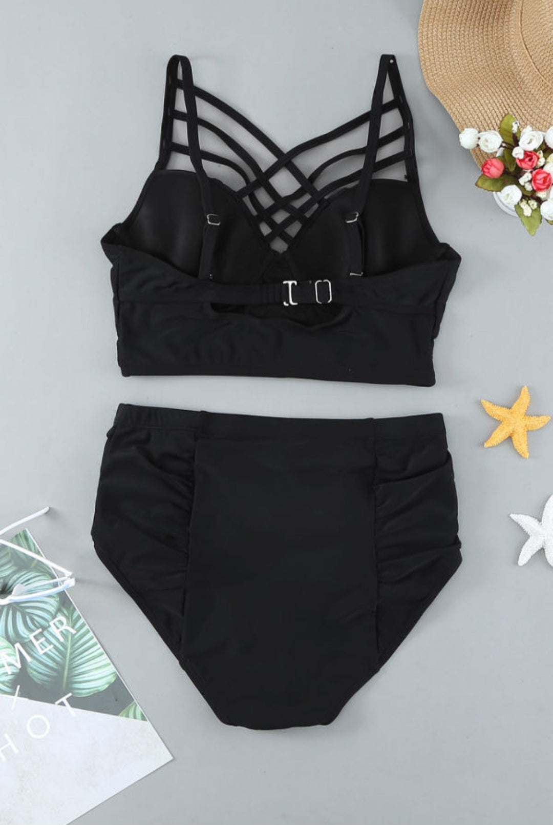 Black Strappy Neck Detail High Waisted Bikini