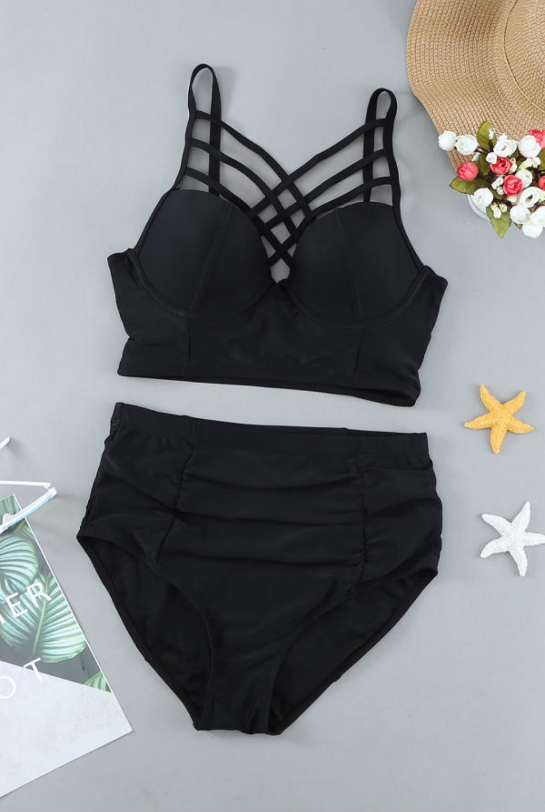 Black Strappy Neck Detail High Waisted Bikini