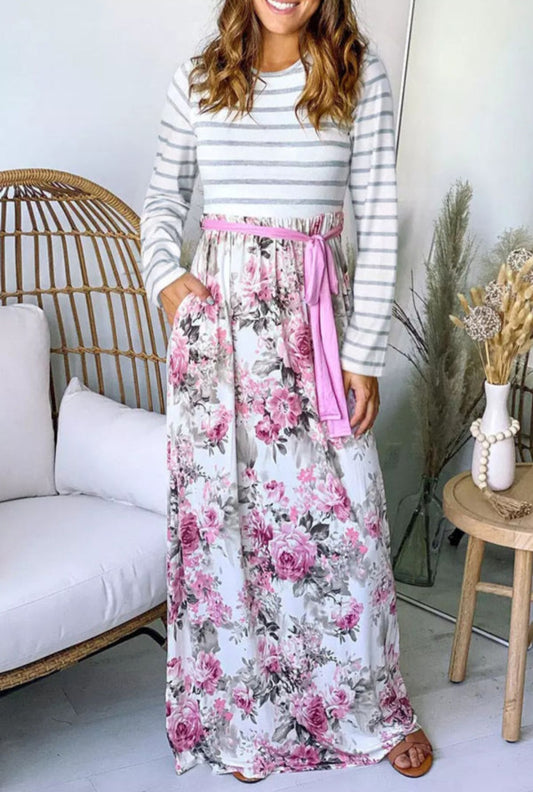 Long Sleeve Striped Floral Maxi Dress