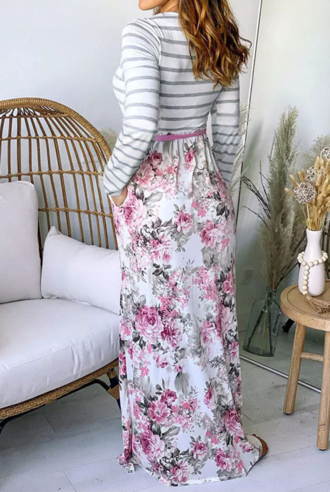 Long Sleeve Striped Floral Maxi Dress