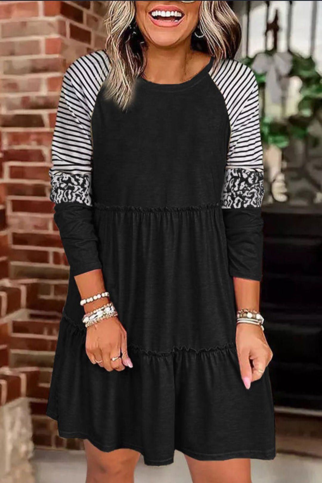 Black Striped Leopard Patchwork Long Sleeve Dress