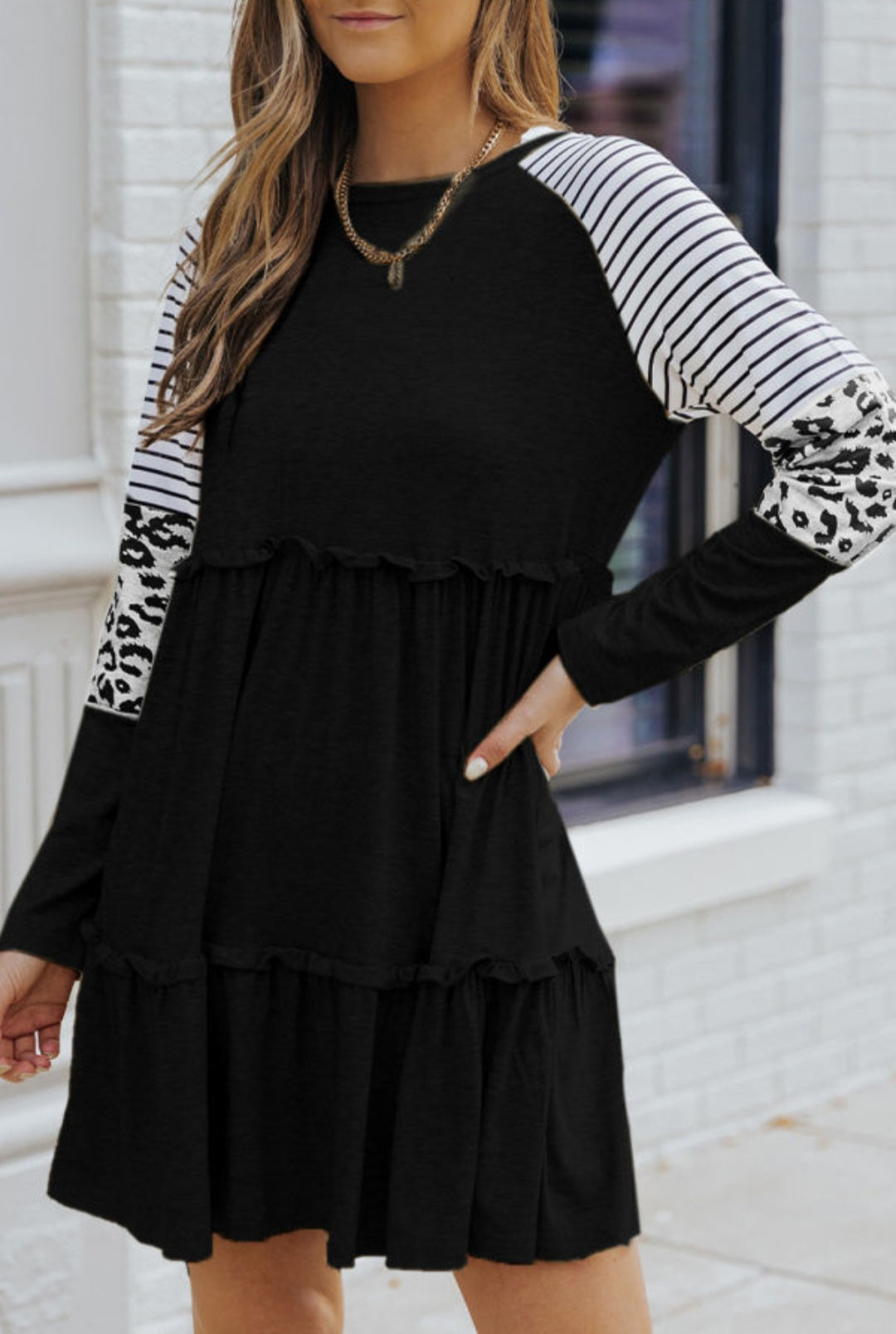 Black Striped Leopard Patchwork Long Sleeve Dress