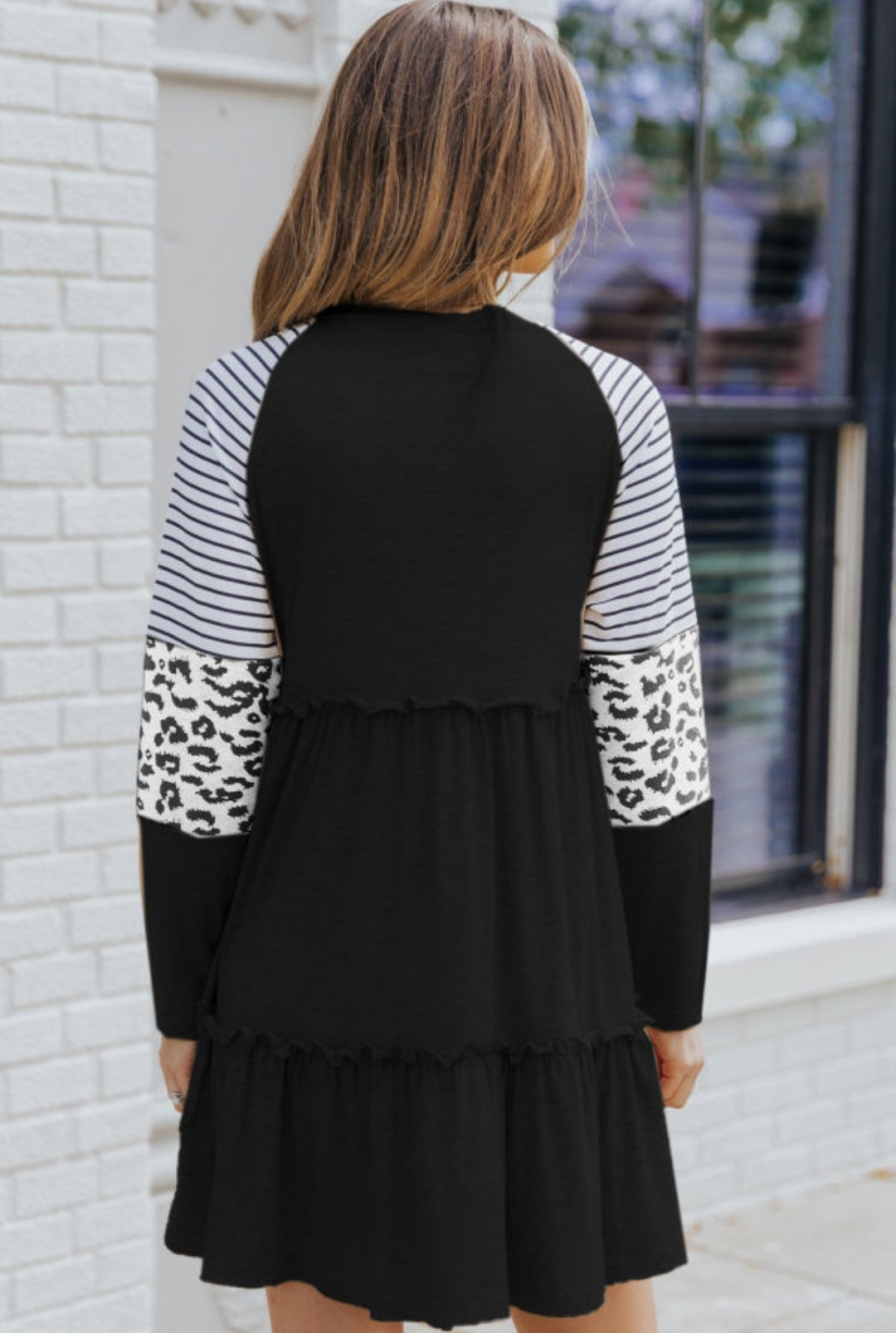 Black Striped Leopard Patchwork Long Sleeve Dress