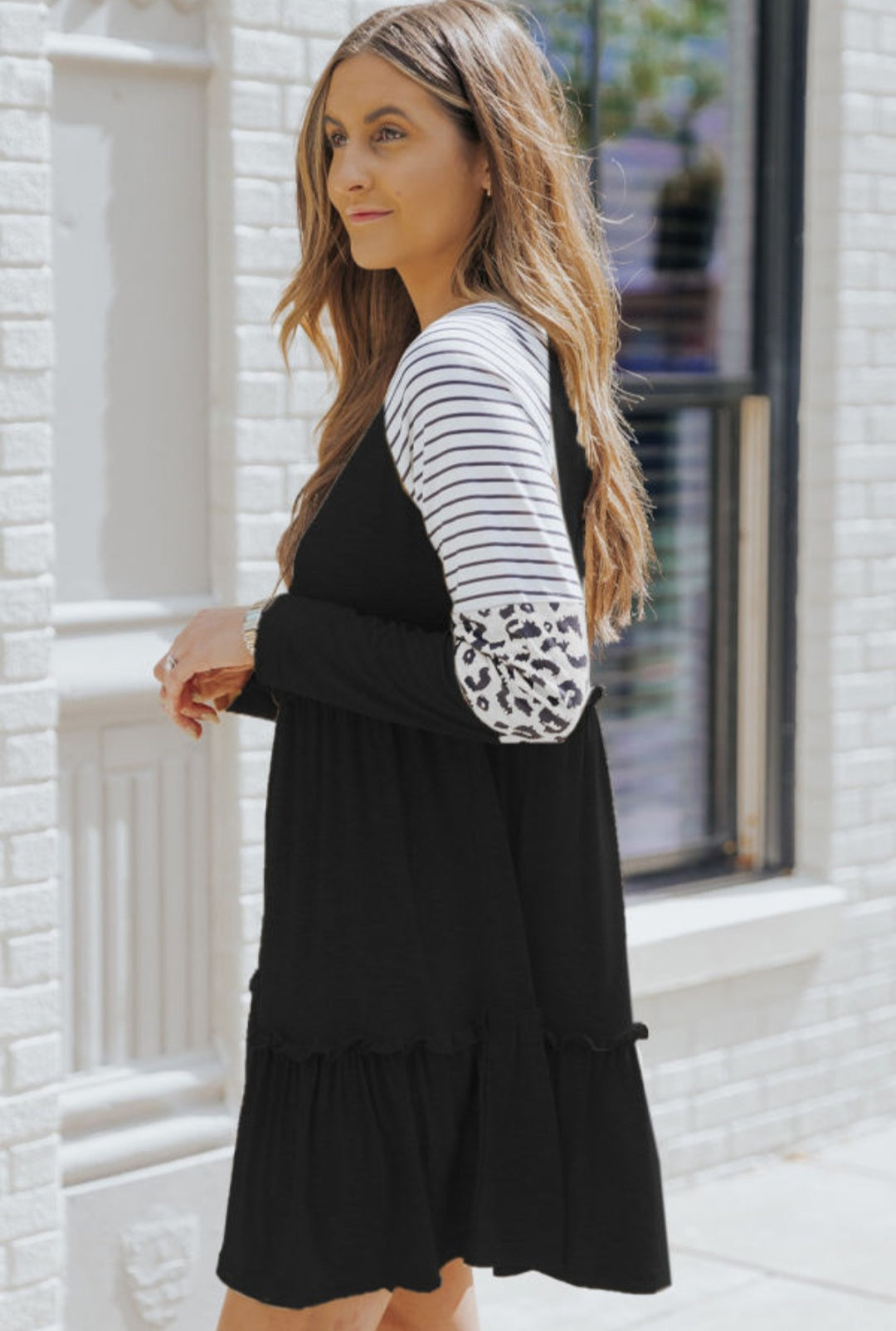 Black Striped Leopard Patchwork Long Sleeve Dress