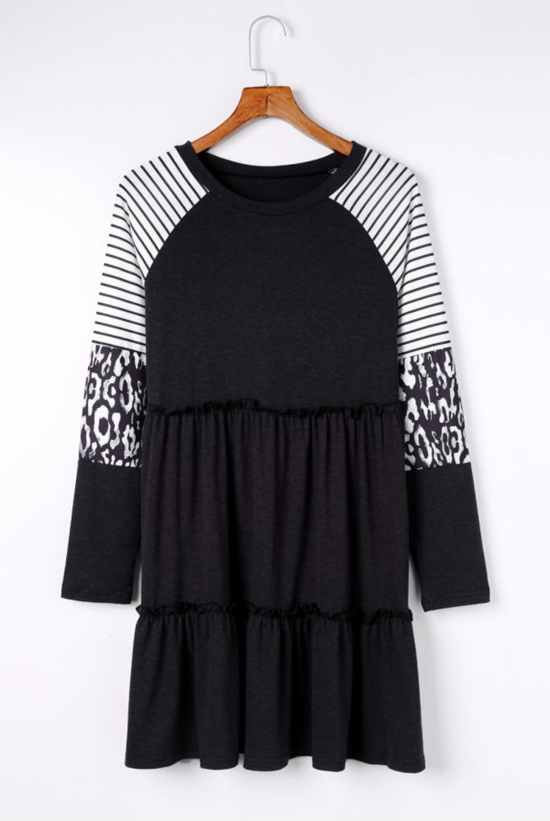 Black Striped Leopard Patchwork Long Sleeve Dress