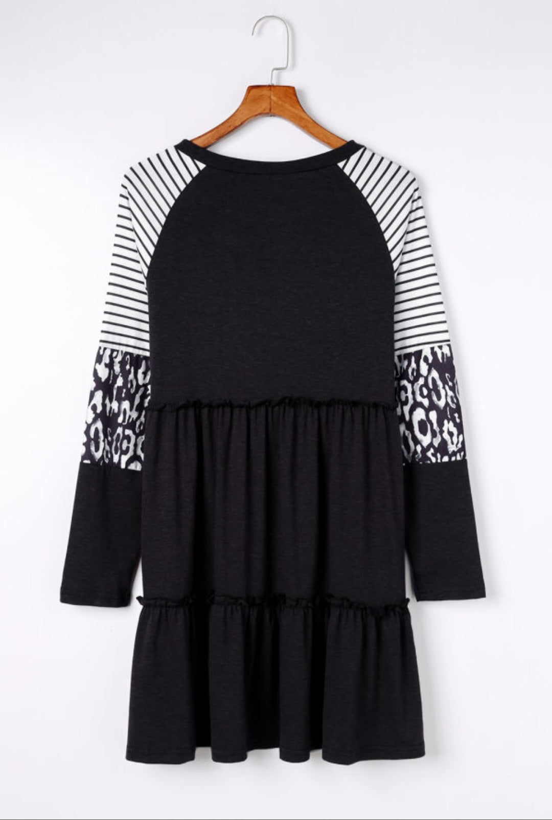 Black Striped Leopard Patchwork Long Sleeve Dress